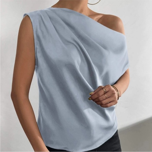Light Blue Satin Draped Asymmetrical Blouse Top - Picture 4 of 9